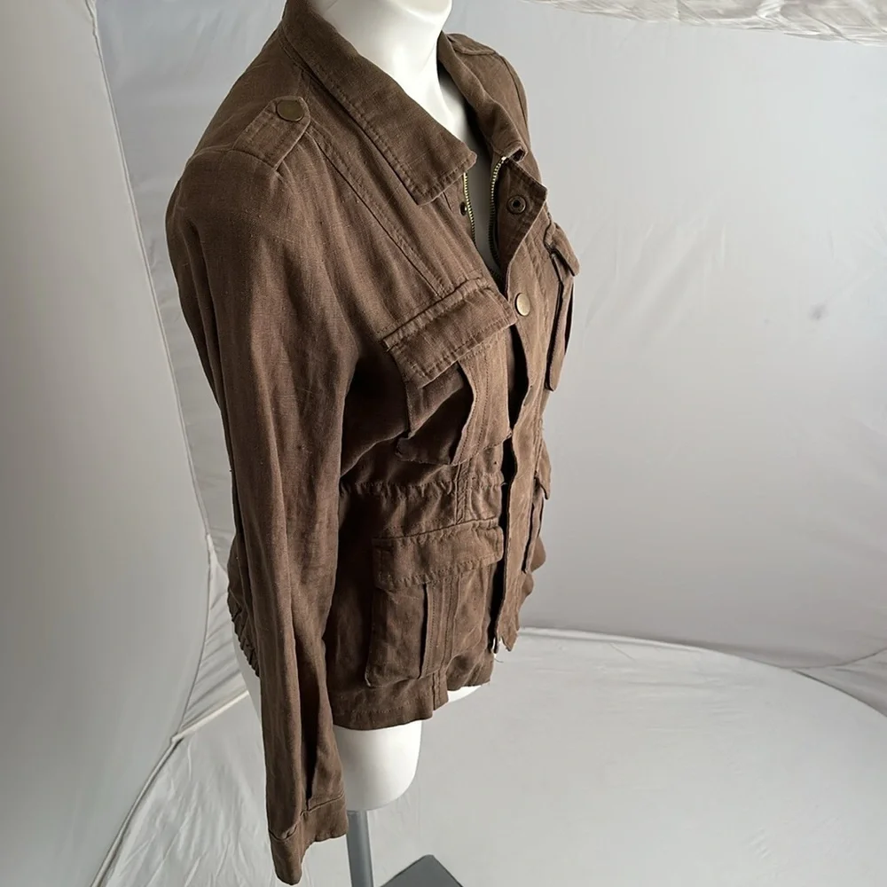 Free People olive Military Platoon linen full zip and snap utility jacket